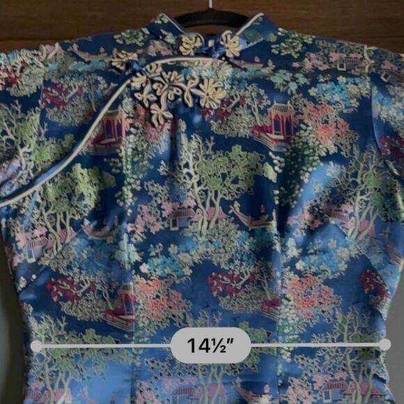 Vintage Peony Brand Shanghai Blue Rayon Cheongsam Dress with Side Slit Size 36 - Picture 7 of 12
